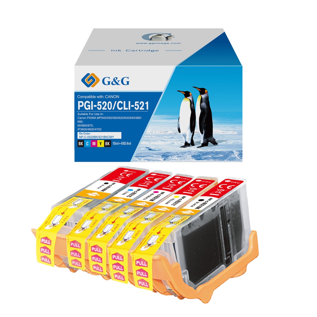 G&G Compatible Canon PGI-520BK/CLI-521PBK/C/M/Y Inkjet Cartridge BK/PBK/C/M/Y 5 PACK