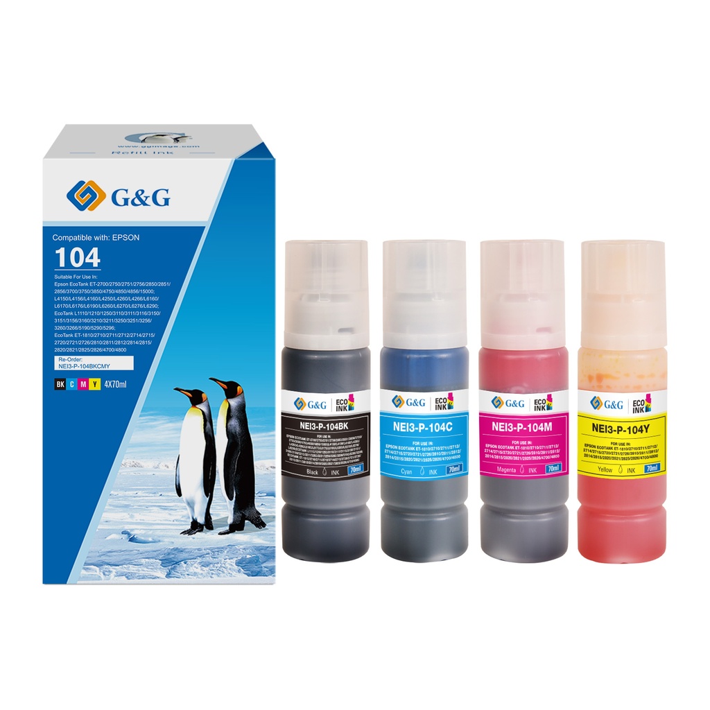 G&G Compatible Epson C13T00P140/C13T00P240/C13T00P340/C13T00P440 (104) Ecotank Ink BK/C/M/Y