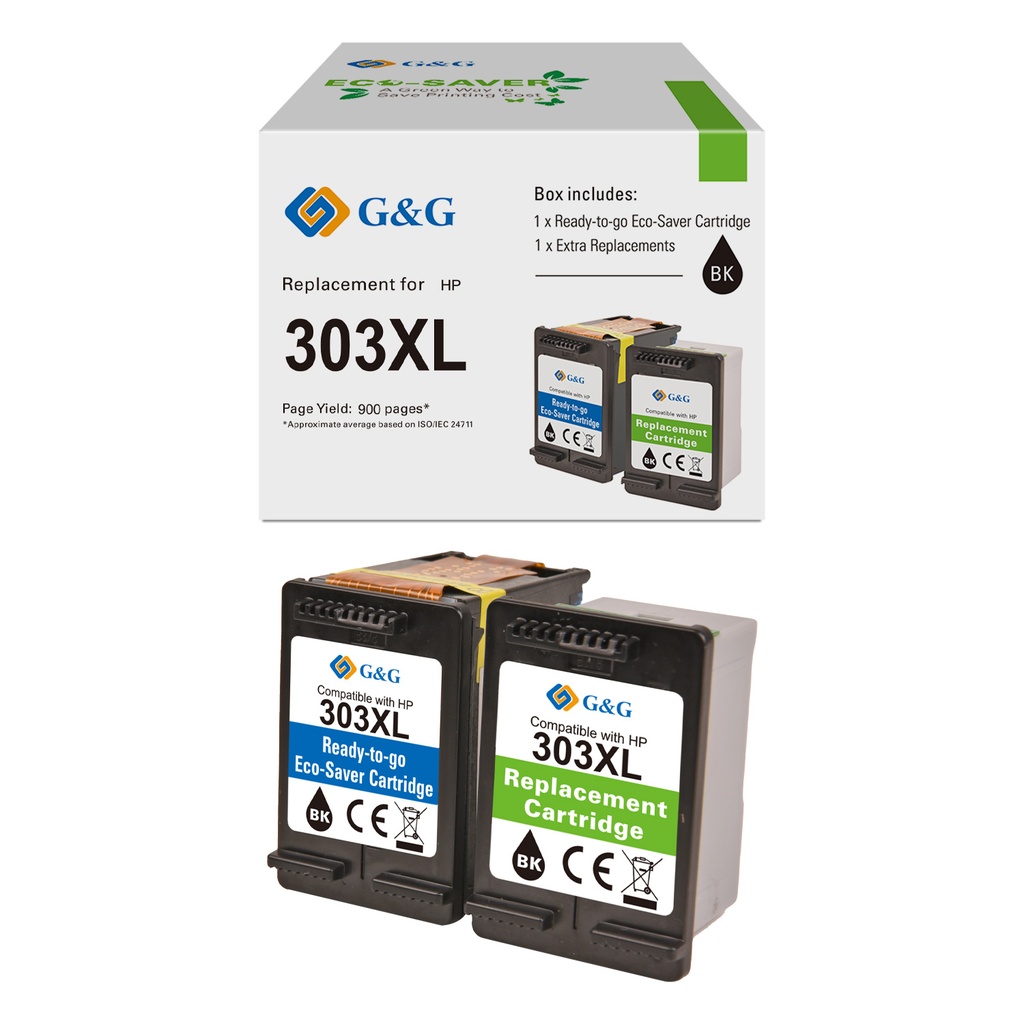 G&G-Ecosaver Remanufactured HP 303XL Inkjet Cartridge BK 2 PACK