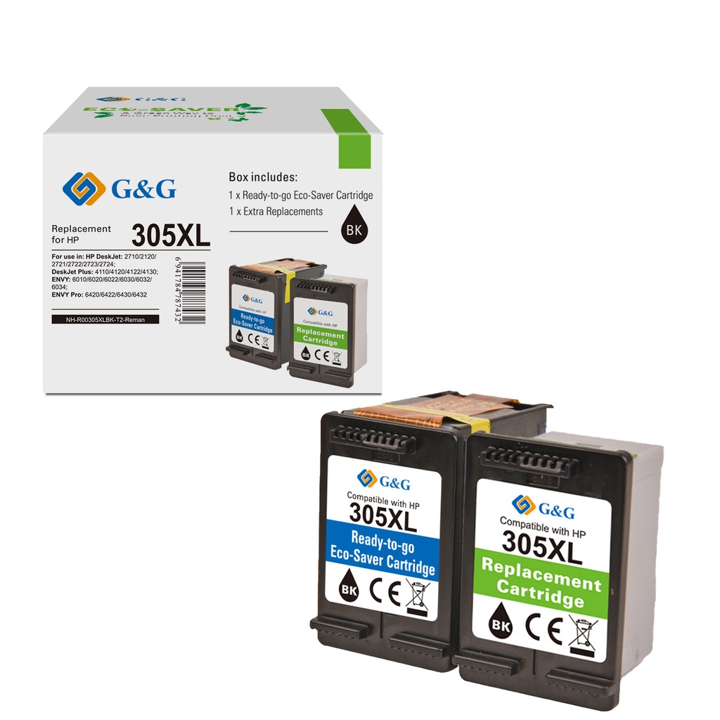 G&G-Ecosaver Remanufactured HP 305XL Inkjet Cartridge BK 2 PACK