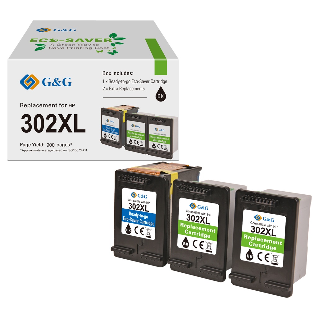 G&G-Ecosaver Remanufactured HP 302XL Inkjet Cartridge BK 3 PACK