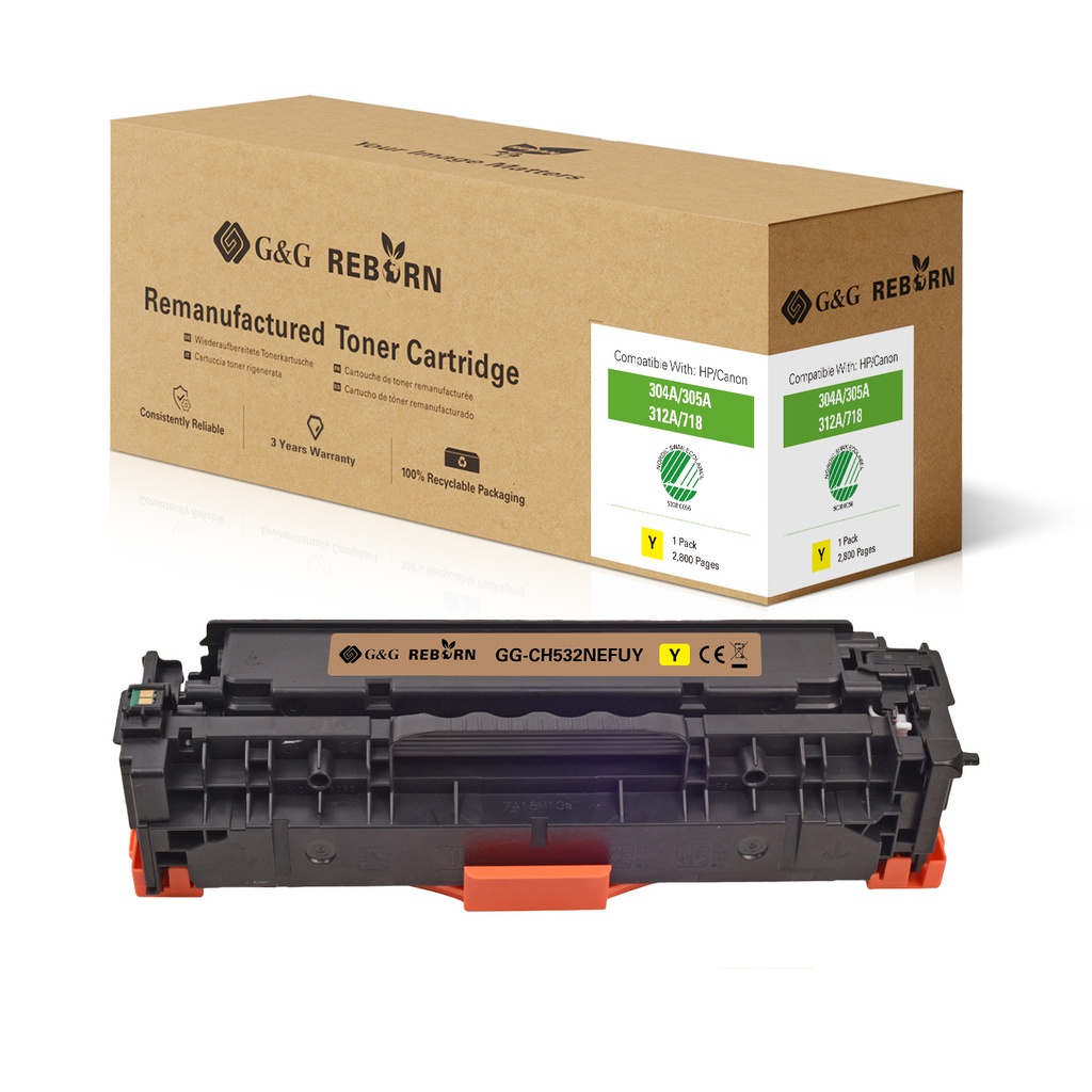 G&G Reborn Remanufactured HP CC532A/CE412A/CF382A/CRG118Y/CRG718Y/CRG318Y Toner Yellow